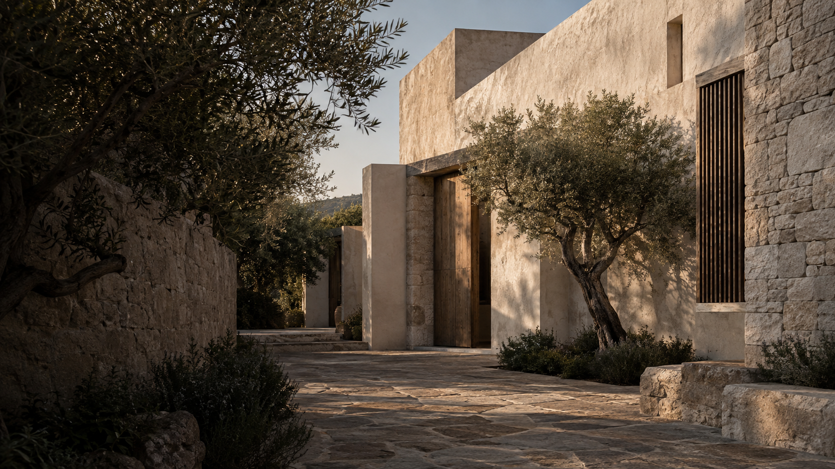 Edificio de inspiración wabi-sabi con piedra natural, revestimiento de cal y madera